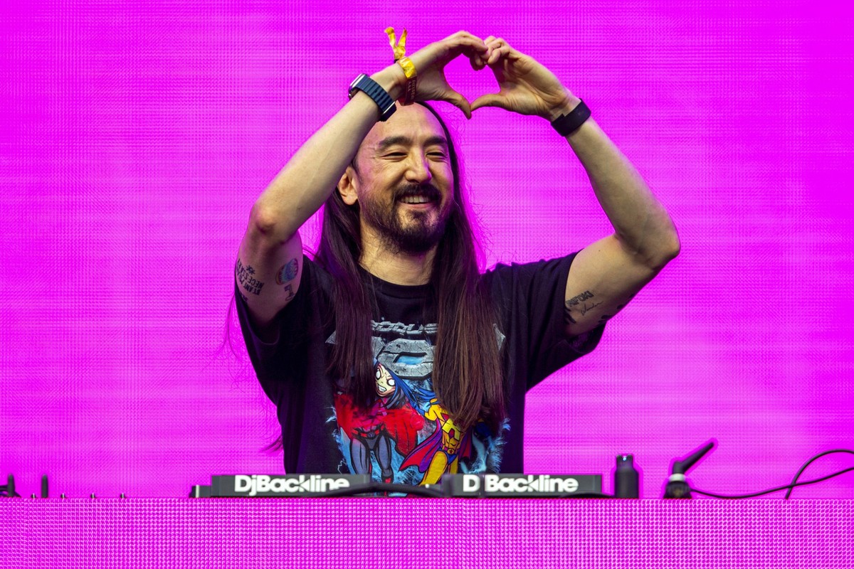 American DJ Steve Aoki performs on the main stage during the Ultra Music Festival at Bayfront Park in downtown Miami on Saturday, March 23, 2024. (D.A. Varela/Miami Herald via AP)