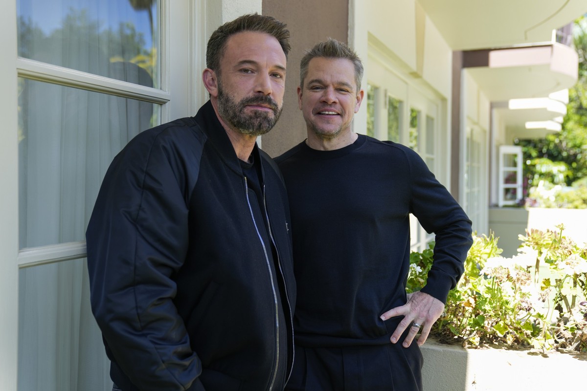 Ben Affleck, left, and Matt Damon pose for a portrait to promote the film &quot;Air&quot; on Monday, March 27, 2023, at the Four Seasons Hotel in Los Angeles. (AP Photo/Ashley Landis)