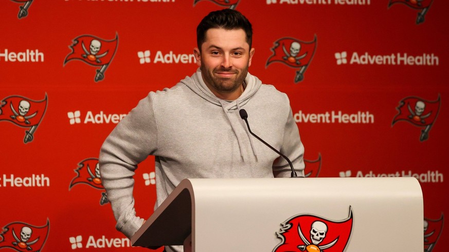 May 9, 2023, Florida, USA: Tampa Bay Buccaneers new quarterback Baker Mayfield during a press conference, PK, Pressekonferenz at AdventHealth Training Center on Monday, March 20, 2023 in Tampa. USA -  ...