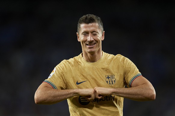 Real Sociedad v FC Barcelona, Barca - LaLiga Santander Robert Lewandowski centre-forward of Barcelona and Poland celebrates after scoring his sides first goal during the La Liga Santander match betwee ...