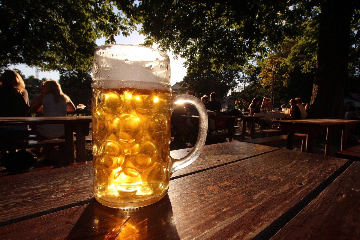 Maß Bier steht auf einem Biertisch in der tiefstehenden Abendsonne im Biergarten Königlicher Hirschgarten in München, Bayern, Deutschland *** Measure of beer stands on a beer table in the low evening  ...