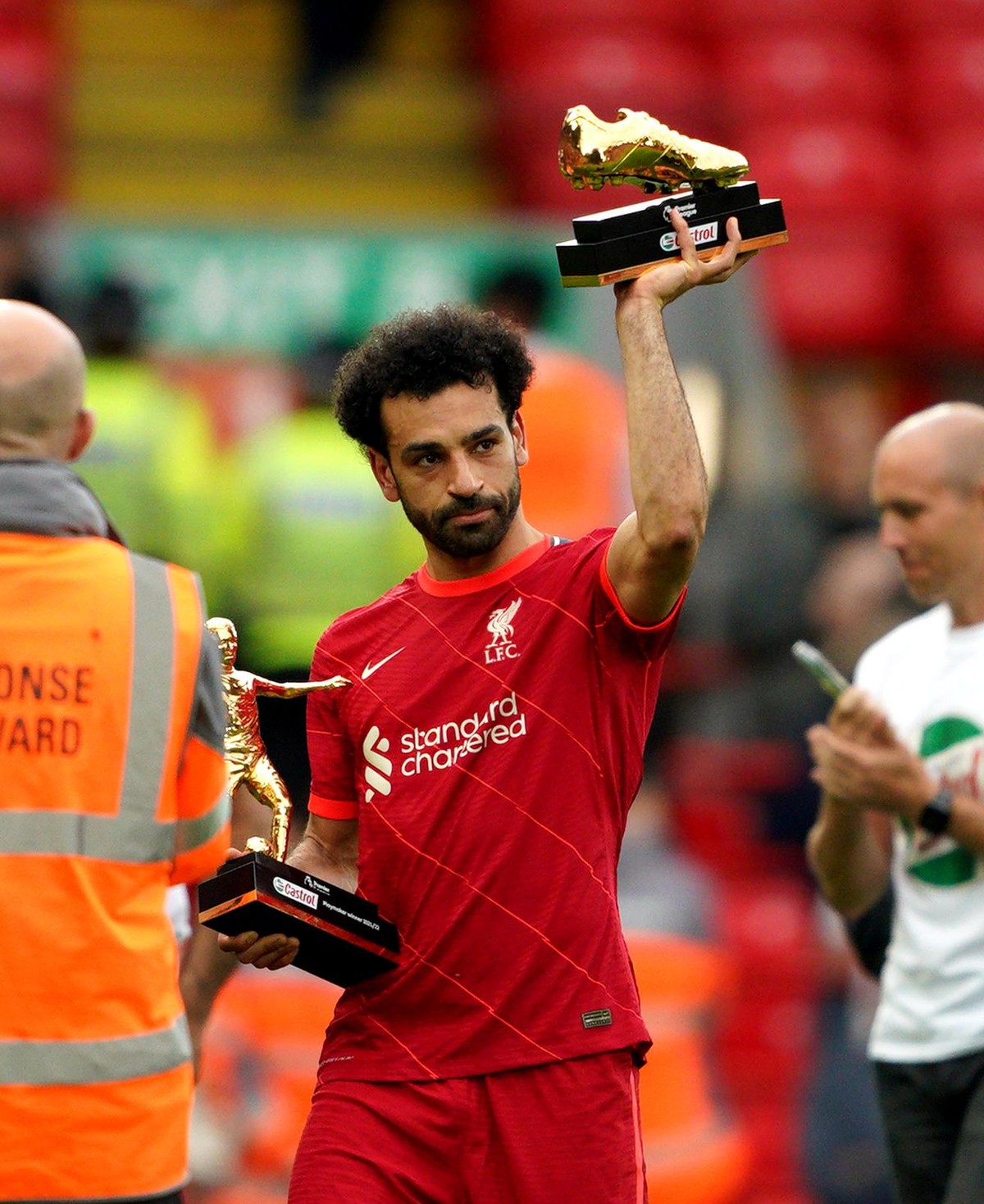 Liverpool v Wolverhampton Wanderers - Premier League - Anfield. Liverpool&#039;s Mohamed Salah holds up the Premier League Golden boot award after the Premier League match at Anfield, Liverpool. Pictu ...