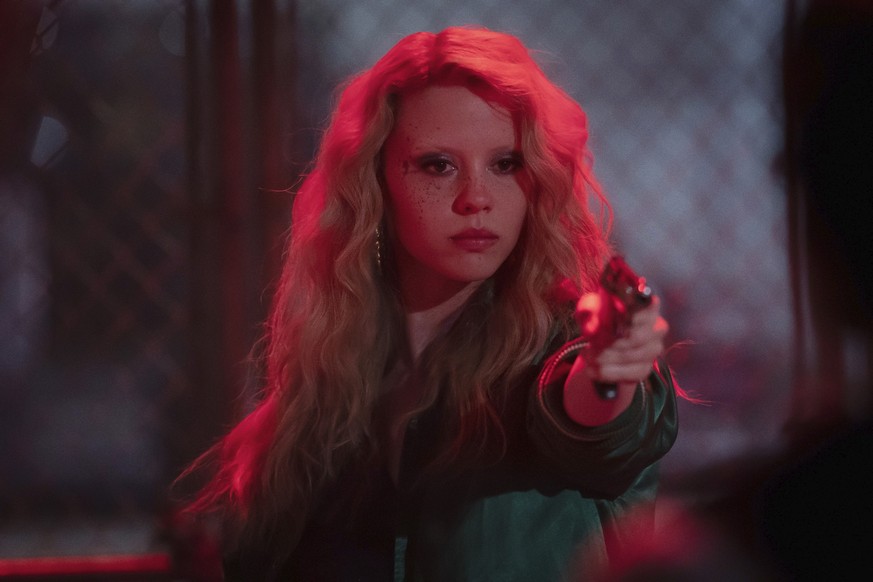 This image released by A24 shows Mia Goth in a scene from &quot;MaXXXine.&quot; (Justin Lubin/A24 via AP)