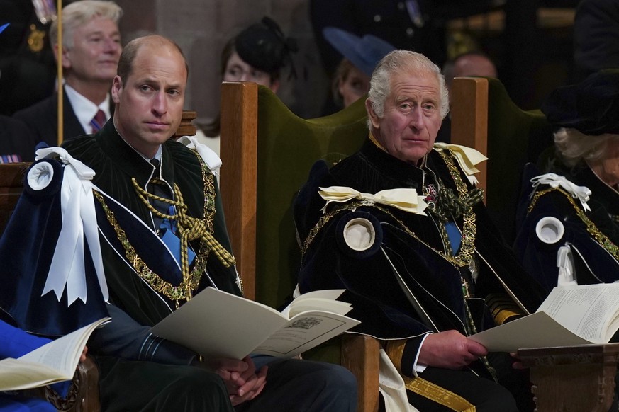 Britain&#039;s Prince William, known as the Duke of Rothesay while in Scotland, and King Charles III during the National Service of Thanksgiving and Dedication for King Charles III and Queen Camilla,  ...