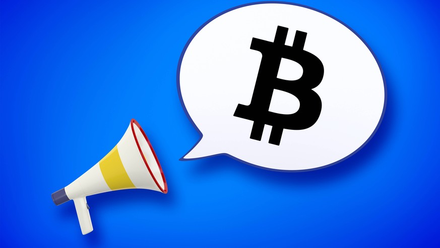 3D-Computergrafik, Megaphon mit Sprechblase BITCON vor blauem Hintergrund 3D computer graphic, megaphone with speech bubble BITCON against blue background BLWS502891 Copyright: xblickwinkel/McPHOTO/M. ...