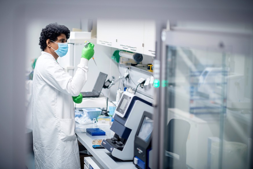 HANDOUT - 02.09.2020, Rheinland-Pfalz, Mainz: Ein Mitarbeiter des Biotechnologie-Unternehmens Biontech arbeitet in einem Labor. (zu dpa