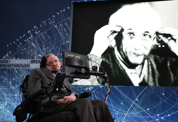 NEW YORK, NEW YORK - APRIL 12: Stephen Hawking, CH, CBE, FRS, Dennis Stanton Avery and Sally Tsui Wong-Avery Director of Research, University of Cambridge as he and Yuri Milner host press conference t ...