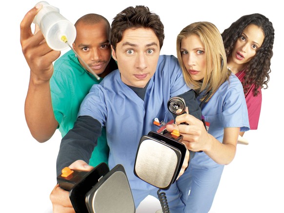 Film Stills from Scrubs Zach Braff, Donald Faison, Sarah Chalke, Judy Reyes circa 2001 Photo: Chris Haston PUBLICATIONxINxGERxSUIxAUTxONLY 30847384

Film Stills from scrubs Zach Braff Donald Faison Sa ...