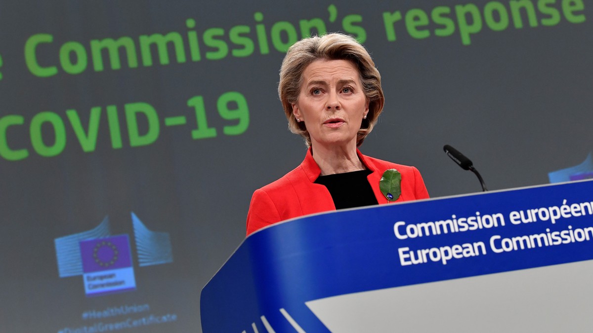 European Commission President Ursula von der Leyen speaks during a media conference on the Commissions response to COVID-19 at EU headquarters in Brussels, Wednesday, March 17, 2021. The European Comm ...
