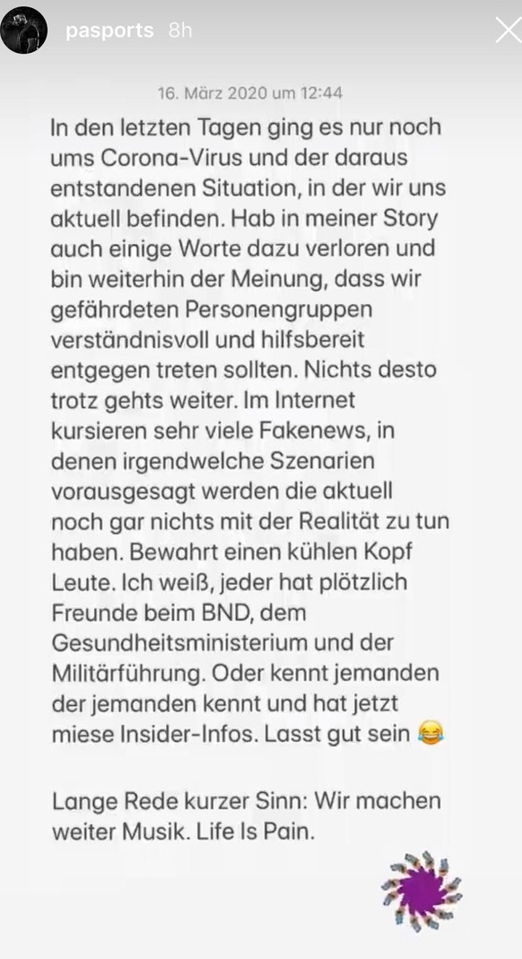 PA Sports meldet sich auch auf Instagram: In seiner Story teilt er seine Meinung zum Coronavirus.