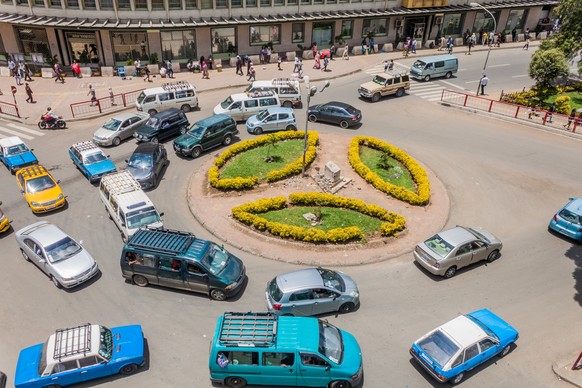 ADDIS ABABA, ETHIOPIA - APRIL 6, 2019: View of Degol (De Gaulle) square in Addis Ababa, Ethiopia xkwx vehicle, public, addis ababa, eastern africa, town, square, african, lane, aerial, city, view, car ...