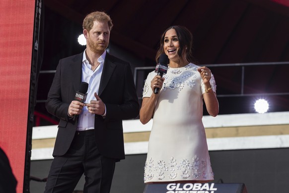 Prince Harry and Meghan Markle, Duke and Duchess of Sussex speak, during the Global Citizen festival, Saturday, Sept. 25, 2021, in New York. (AP Photo/Stefan Jeremiah)