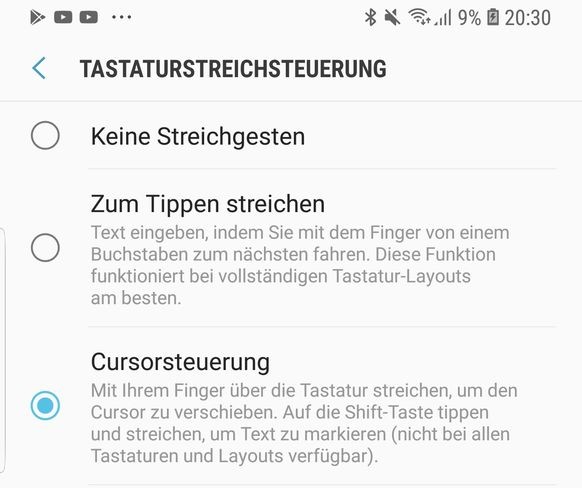 Einstellungen, Allgemeine Verwaltung, Sprache und Eingabe, Bildschirmtastatur, Samsung Tastatur, Intelligentes Tippen und Tastaturstreichsteuerung.