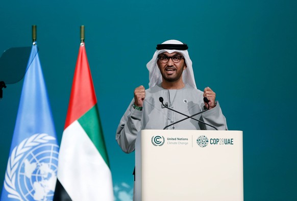 231213 -- DUBAI, Dec. 13, 2023 -- COP28 President Sultan Ahmed Al Jaber speaks during a closing plenary of COP28, or the 28th session of the Conference of the Parties to the UN Framework Convention on ...