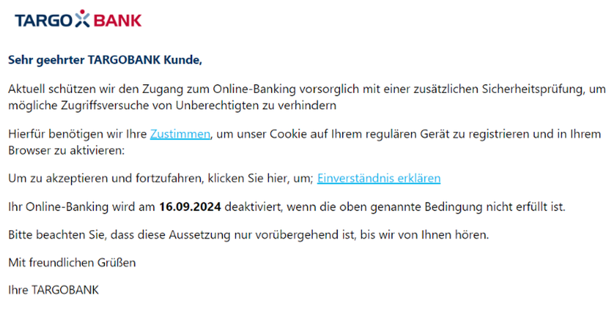 Die Verbraucherzentrale warnt vor dieser Mail.