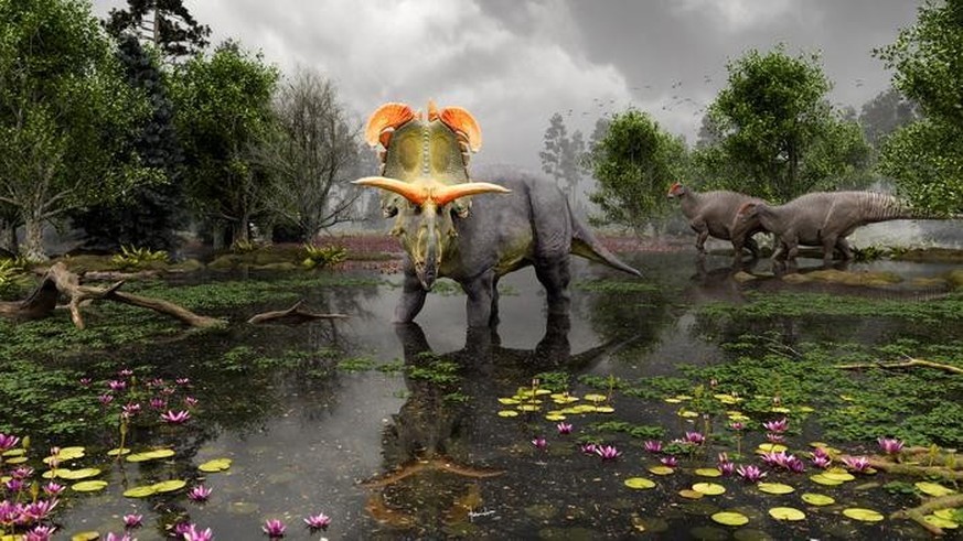 Buletin - 20 Juni 2024, Denmark, Maribo: Rekonstruksi tak bertanggal yang diterbitkan oleh Colorado State University pada 20 Juni 2024 menunjukkan dinosaurus Lokiceratops rangiformis. dinosaurus dengan...