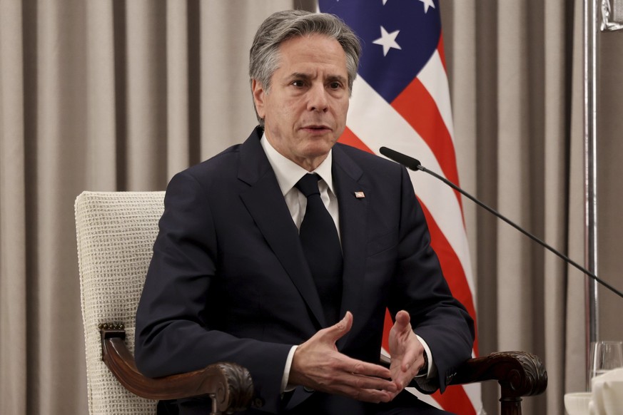 U.S. Secretary of State Antony Blinken, gestures after meeting with Israeli President Isaac Herzog (not seen) on Monday, Jan. 30, 2023 in Jerusalem. (Menahem Kahana/Pool Photo via AP)