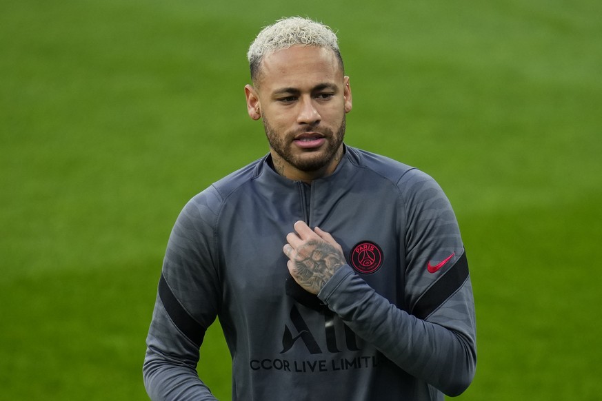 PSG's Neymar attends a training session at the Bernabeu stadium in Madrid, Spain, Tuesday, March 8, 2022. Real Madrid will play its Champions League soccer match against Paris Saint-Germain on Wednesd ...