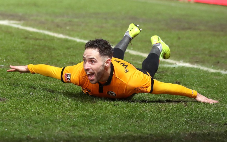 Newport County v Middlesbrough - FA Cup - Fourth Round - Replay - Rodney Parade Newport County s Robbie Willmott celebrates scoring his sides first goal of the game EDITORIAL USE ONLY No use with unau ...