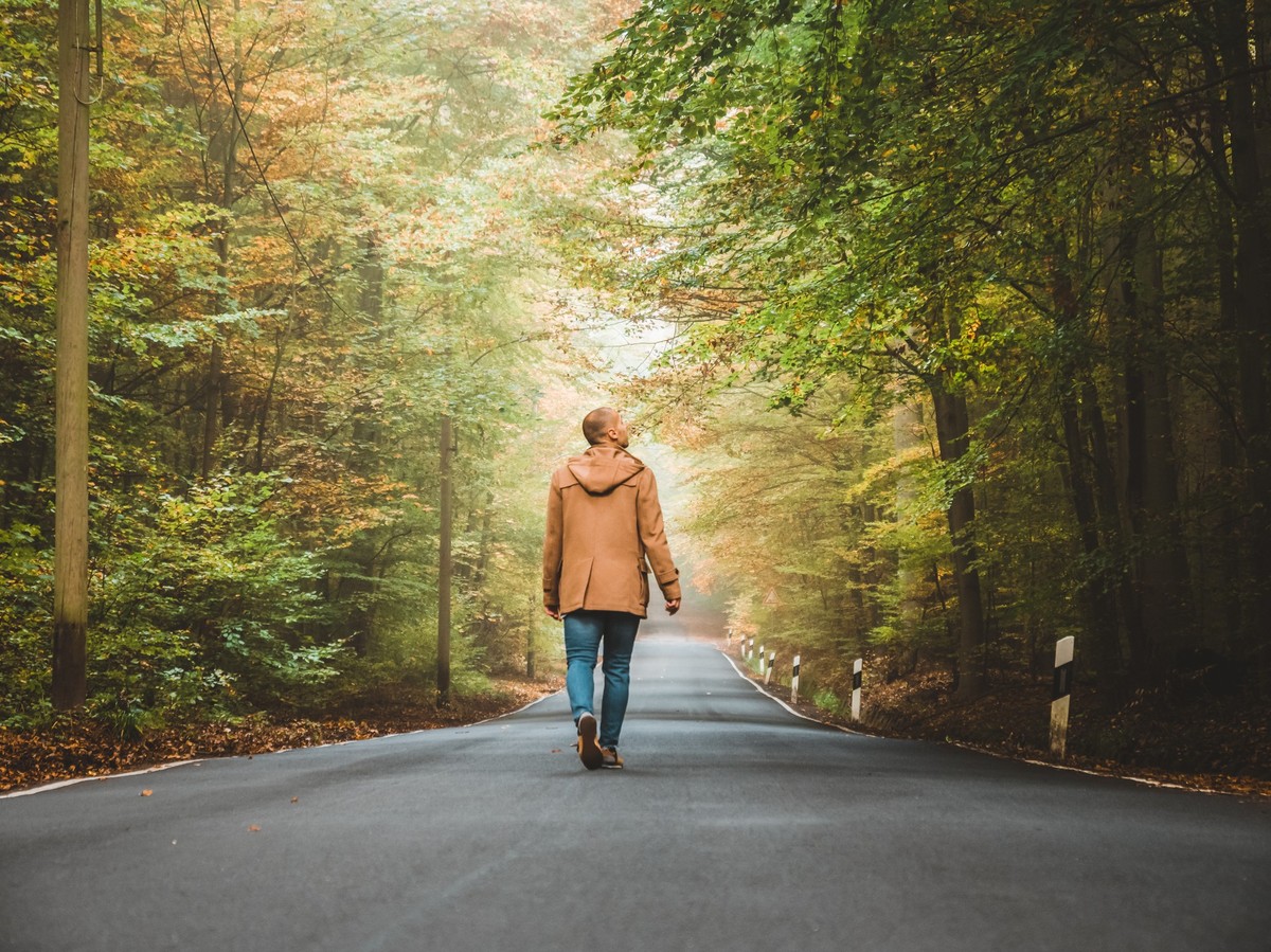 Photo of single man walking or leaving through a forest landscape in a country road during autumn day. Rear view of Man walking through woods with light ahead, after the rain stopped and the sun now s ...