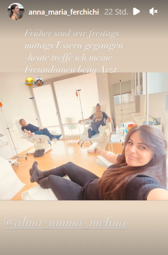Anna-Maria Ferchichi teilt in ihrer Instagram-Story ein Foto zu ihrem Arztbesuch, bei dem sie eine Aufbauinfusion erhalten hat. 