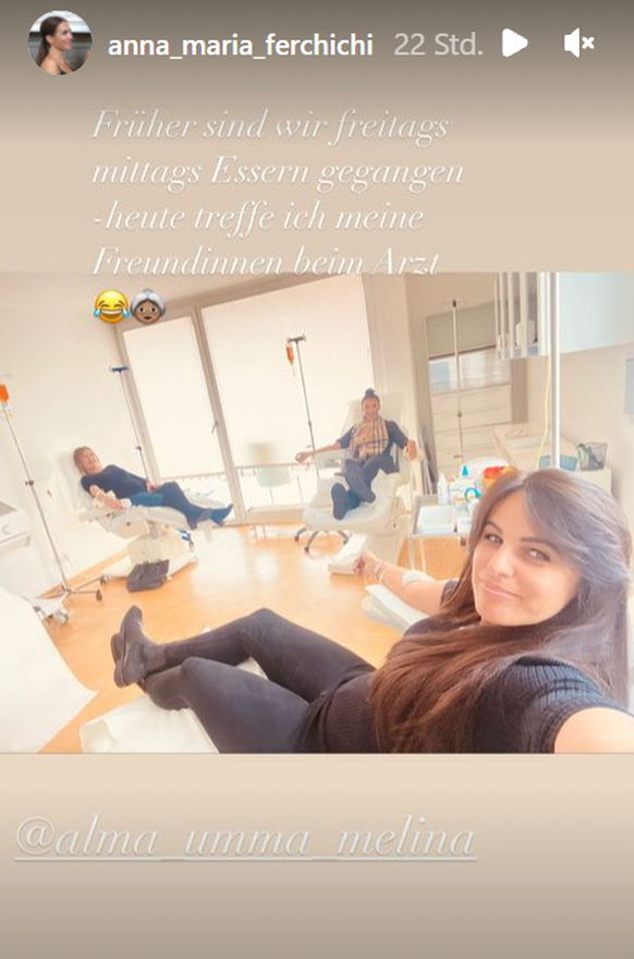 Anna-Maria Ferchichi teilt in ihrer Instagram-Story ein Foto zu ihrem Arztbesuch, bei dem sie eine Aufbauinfusion erhalten hat.