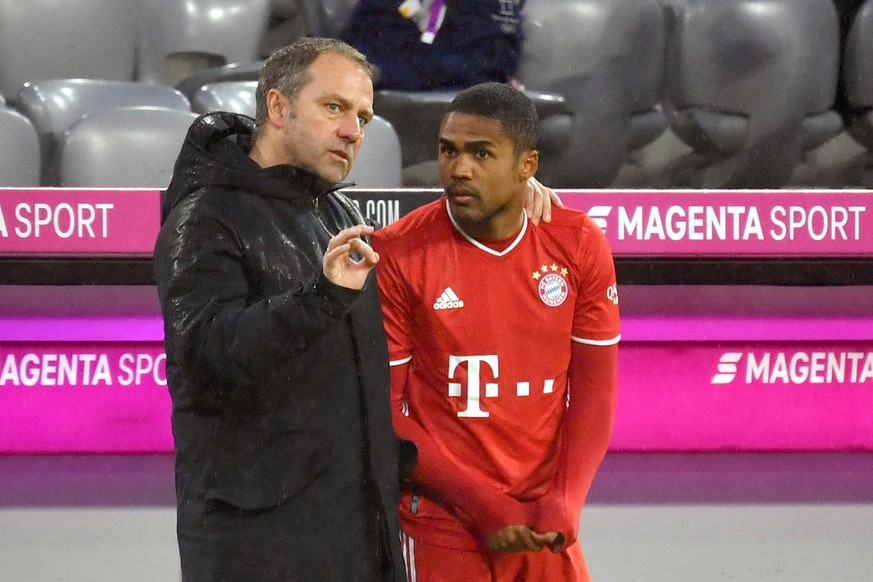 Hans Dieter Flick Hansi ,Trainer Bayern Muenchen mit Douglas COSTA Bayern Muenchen vor Einwechslung. Fussball 1. Bundesliga Saison 2020/2021,19.Spieltag,Spieltag19, FC Bayern Muenchen-TSG 1899 Hoffenh ...