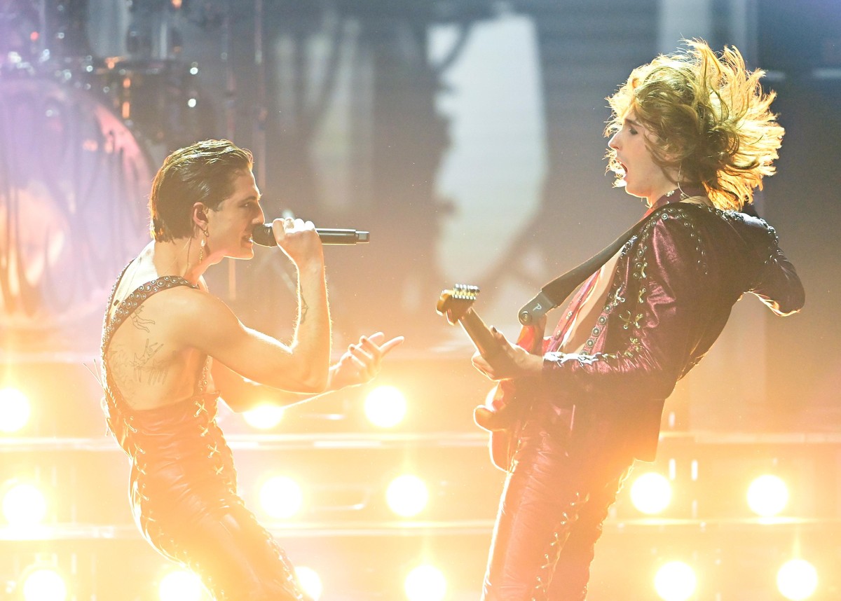 Die Band „Maneskin“ (Italien) tritt mit dem Song „Zitti E Buoni“ beim Jury-Finale des Eurovision Song Contest (ESC) in der Ahoy Arena auf.