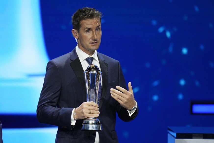 Former Germany&#039;s soccer star Miroslav Klose speaks after been selected for the 2023 UEFA President&#039;s Award, at the 2023/24 UEFA Champions League group stage draw at the Grimaldi Forum in Mon ...