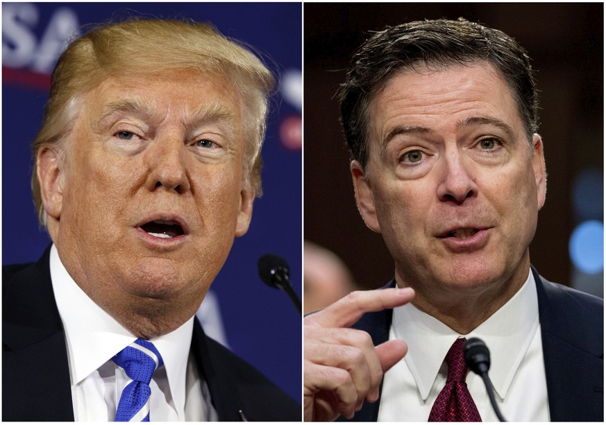 This combination photo shows President Donald Trump speaking during a roundtable discussion on tax policy in White Sulphur Springs, W.Va., on April 5, 2018, left, and former FBI director James Comey s ...