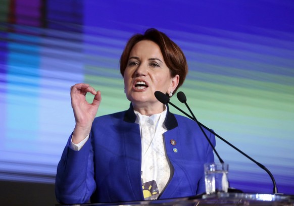 FILE - In this Wednesday, Oct. 25, 2017 file photo, Meral Aksener, a former Turkish interior minister and deputy parliament speaker, addresses her party&#039;s first meeting in Ankara, Turkey. Turkey& ...