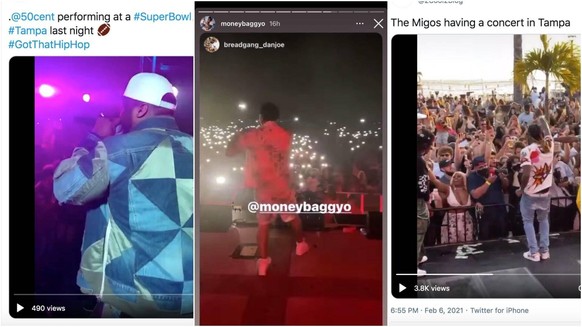 February 7, 2021, Florida, USA: Screenshots from Twitter and Instagram posts showing performances by 50 Cent, Moneybagg Yo and Migos around Tampa Bay during Super Bowl weekend. USA - ZUMAs70_ 01123341 ...