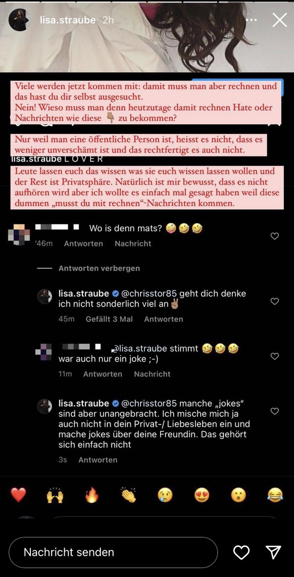 In ihrer Story reagierte Lisa auf einen Kommentar zu Mats Hummels.