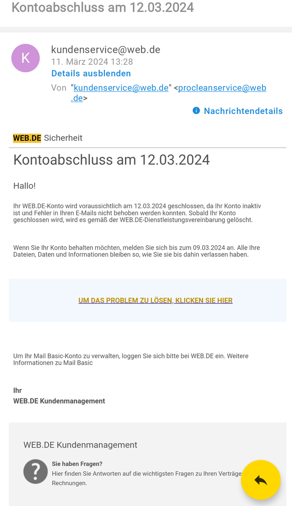 Ein Screenshot der Phishing-Nachricht an web.de-Kund:innen.
