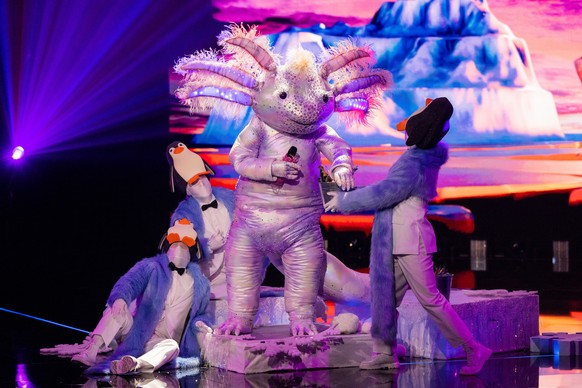 23.10.2021, Nordrhein-Westfalen, K�ln: Die Figur �Das Axolotl� steht in der Prosieben-Show �The Masked Singer� auf der B�hne. Foto: Rolf Vennenbernd/dpa +++ dpa-Bildfunk +++
