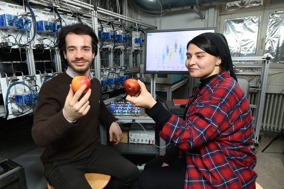 Die Nachwuchswissenschaftler Luigi Masi (l.) und Motahareh Khalafi forschen in Andreas Schützes Team an Gassensorsystemen, die voraussagen, wie lange Obst und Gemüse noch frisch sind.