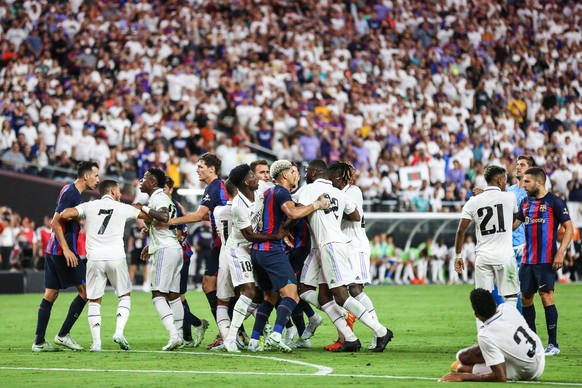 July 23, 2022: Several players from both teams engage in a skirmish during the Soccer Champions Tour 22 featuring Real Madrid CF vs FC Barcelona, Barca at Allegiant Stadium in Las Vegas, NV. FC Barcel ...