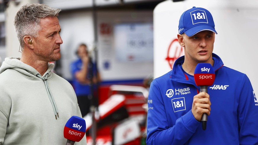 Formula 1 2022: Austrian GP RED BULL RING, AUSTRIA - JULY 07: Ralf Schumacher and Mick Schumacher, Haas F1 Team, talk to the press during the Austrian GP at Red Bull Ring on Thursday July 07, 2022 in  ...
