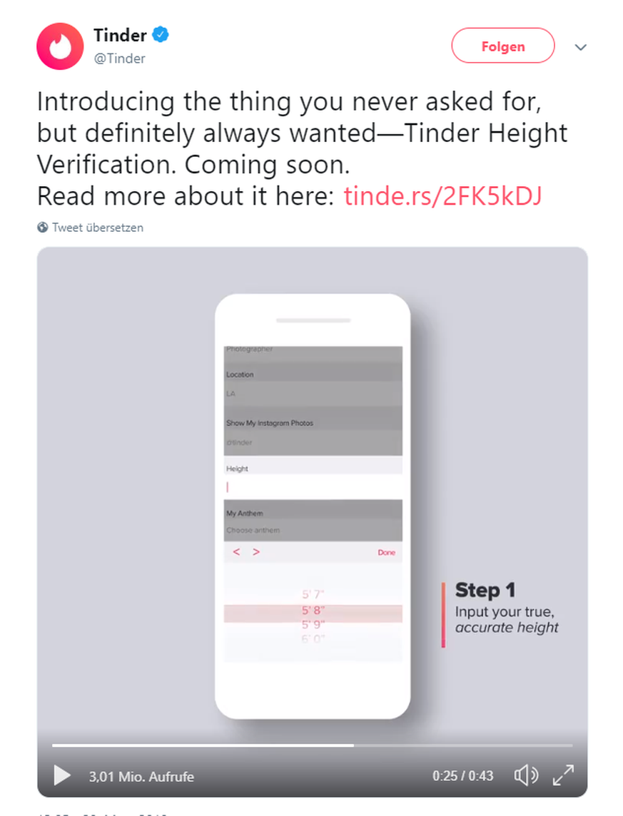 Hier musst du ehrlich sein: Tinder will die Körpergröße nur noch mit Wahrheitsscan zulassen.