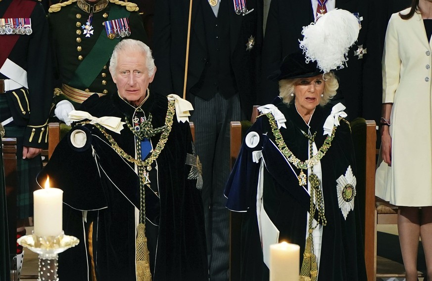 Britain&#039;s King Charles III and Queen Camilla look on during the National Service of Thanksgiving and Dedication, at St Giles&#039; Cathedral, in Edinburgh, Wednesday, July 5, 2023. Two months aft ...