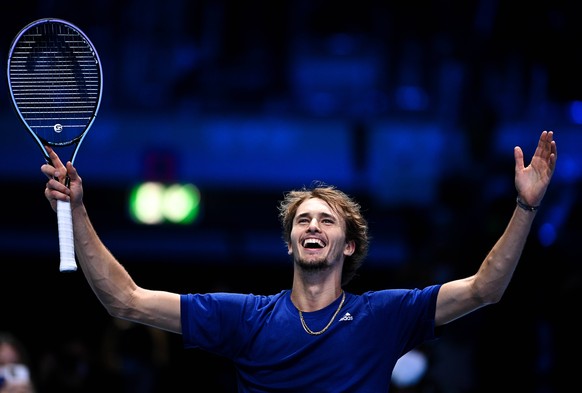 Italy Tennis ATP, Tennis Herren Finals 6701419 21.11.2021 Germany s Alexander Zverev celebrates the victory in the singles final match of the ATP Finals against Russia s Daniil Medvedev at the Pala Al ...