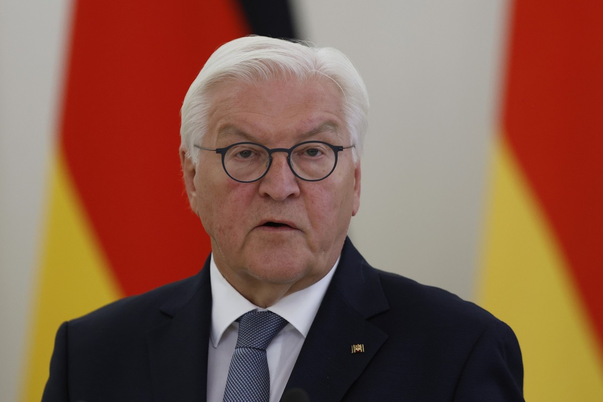 German President Frank-Walter Steinmeier speaks during a joint news conference with Lithuanian President Gitanas Nauseda, following the talks at the Presidential Palace in Vilnius, Lithuania, Sunday, ...