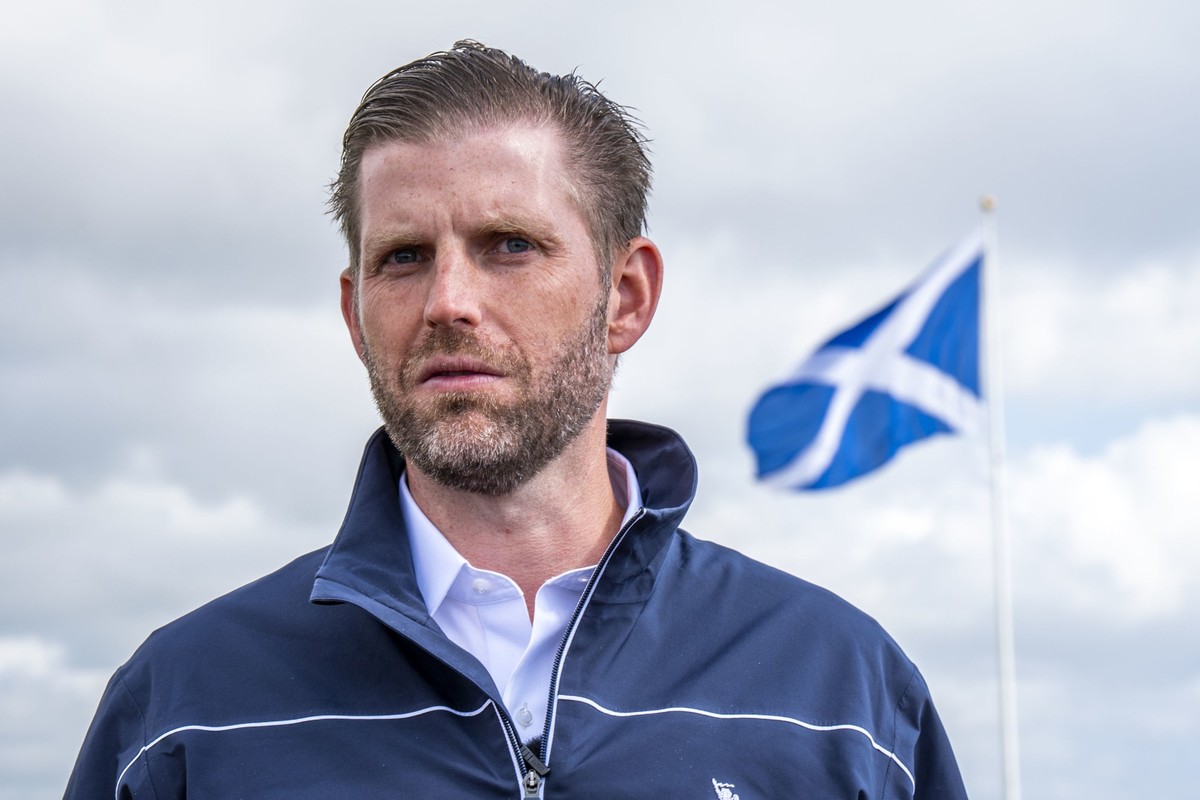 Eric Trump looks on during a visit to Trump International Golf Links, Aberdeenshire, where the new golf course is due to open in 2025, on Saturday Aug. 3, 2024. (Jane Barlow/PA via AP)
