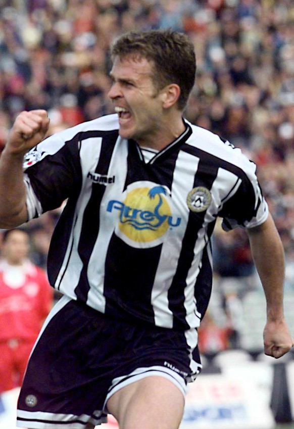 Udinese&#039;s German player Oliver Bierhoff jubilates after scoring his second goal during the Italian Serie A match against Bari, 11 April. Udinese won 2-0. dpa |