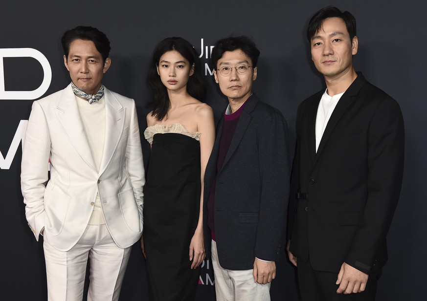 From left, Lee Jung-jae, Jung Hoyeon, Hwang Dong-hyuk and Park Hae Soo arrive at a red carpet event for &quot;Squid Game&quot; on Monday, Nov. 8, 2021, at NeueHouse Hollywood in Los Angeles. (Photo by ...