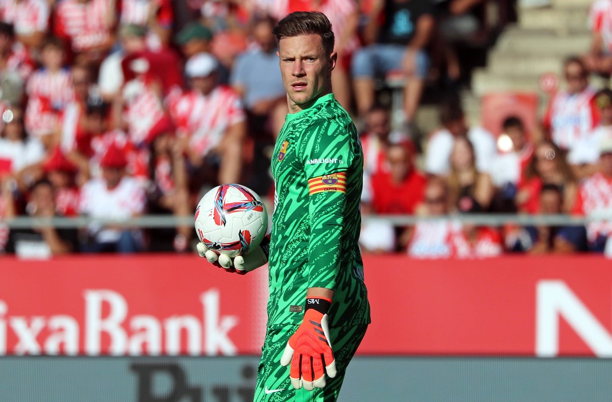 Girona FC v FC Barcelona, Barca - La Liga EA Sports Marc-Andre ter Stegen plays during the match between Girona FC and FC Barcelona, corresponding to week 5 of LaLiga EA Sports, at the Montilivi Stadi ...