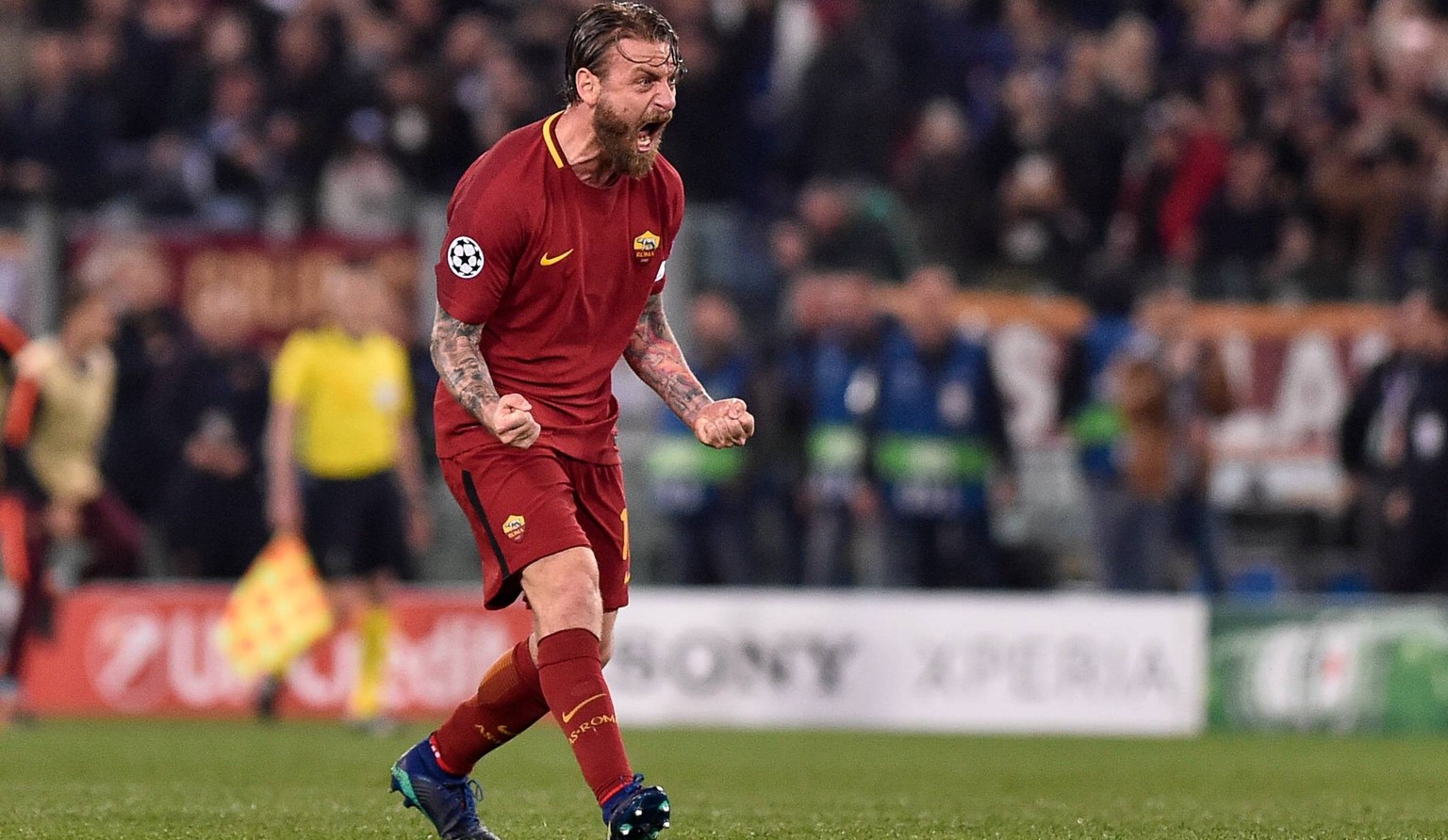 April 10, 2018 - Rome, Italy - Daniele De Rossi of Roma celebrates scoring second goal with a penalty kick during the UEFA Champions League Quarter Final match between Roma and FC Barcelona Barca at S ...