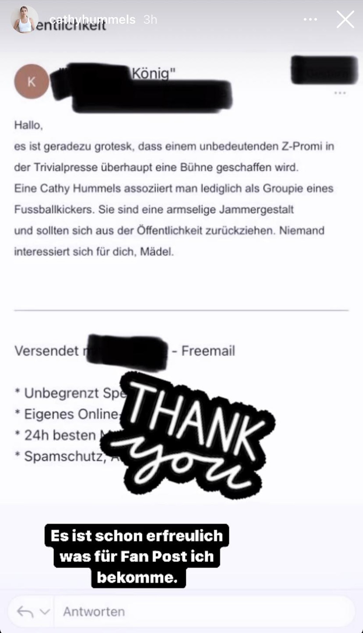 Cathy Hummels veröffentlichte, welche Hassnachricht sie erhielt.