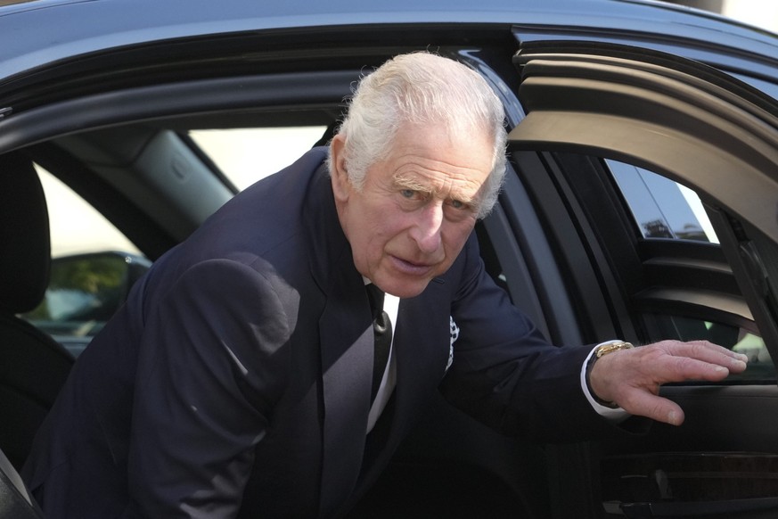 Britain's King Charles III and Camilla, the Queen Consort, arrive at the St. Anne's Cathedral to attend a Service of Reflection for the life of Her Majesty The Queen Elizabeth in Belfast, Tuesday, Sep ...