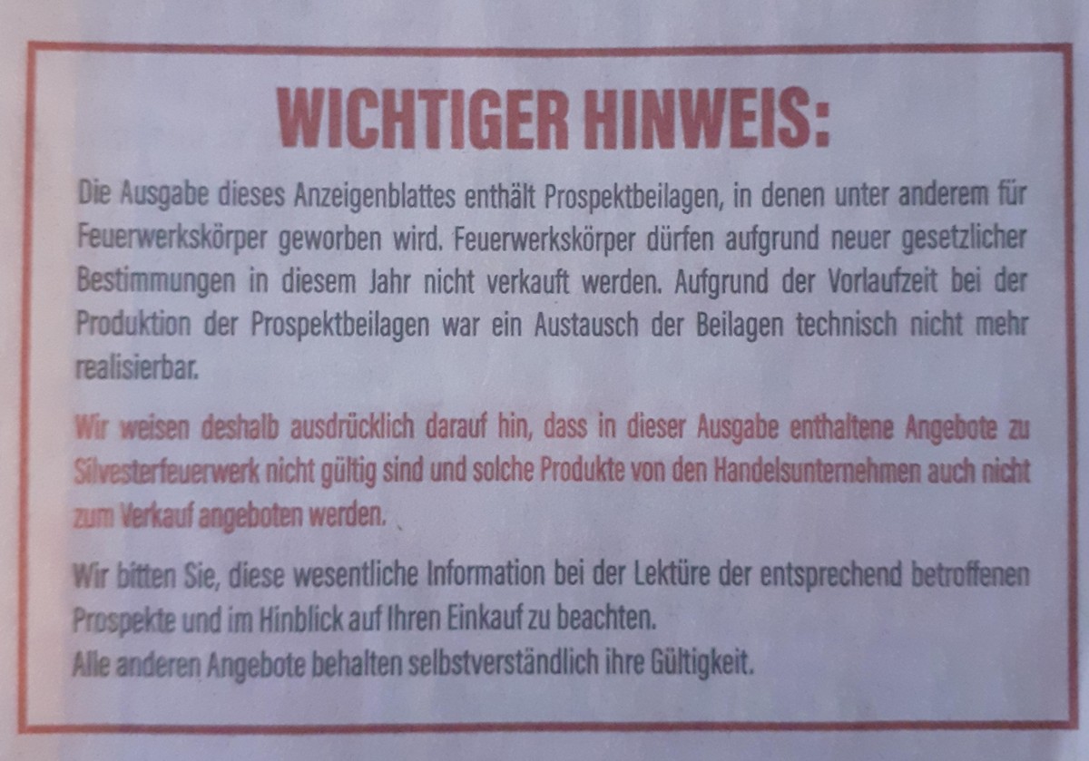 Hinweis in einem Anzeigeblatt, in dem das Aldi-Süd-Prospekt enthalten ist.